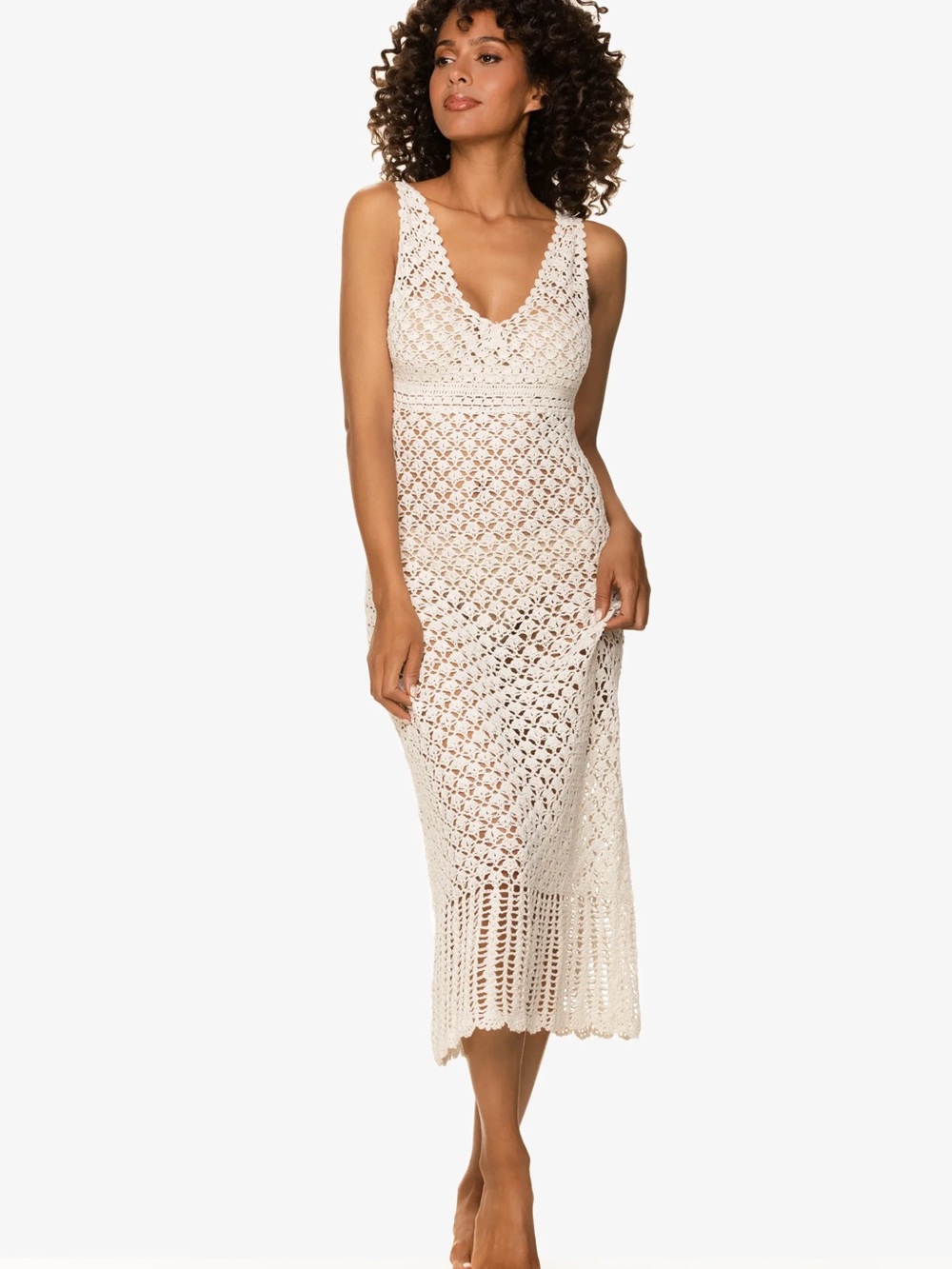 NWOT Helen Jon Claudia Crochet V-Neck Midi Dress in Cream